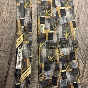 ERMENEGILDO ZEGNA Tie Khaki‎ Blue Black Pond Geometric Floral Silk